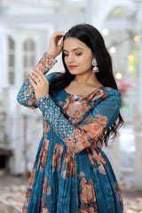 Graceful Embroidery Work With Printed Teal Blue Color Gown