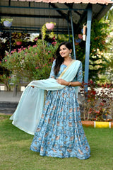 Sky Blue Color Digital Print Position Work Lehenga Choli