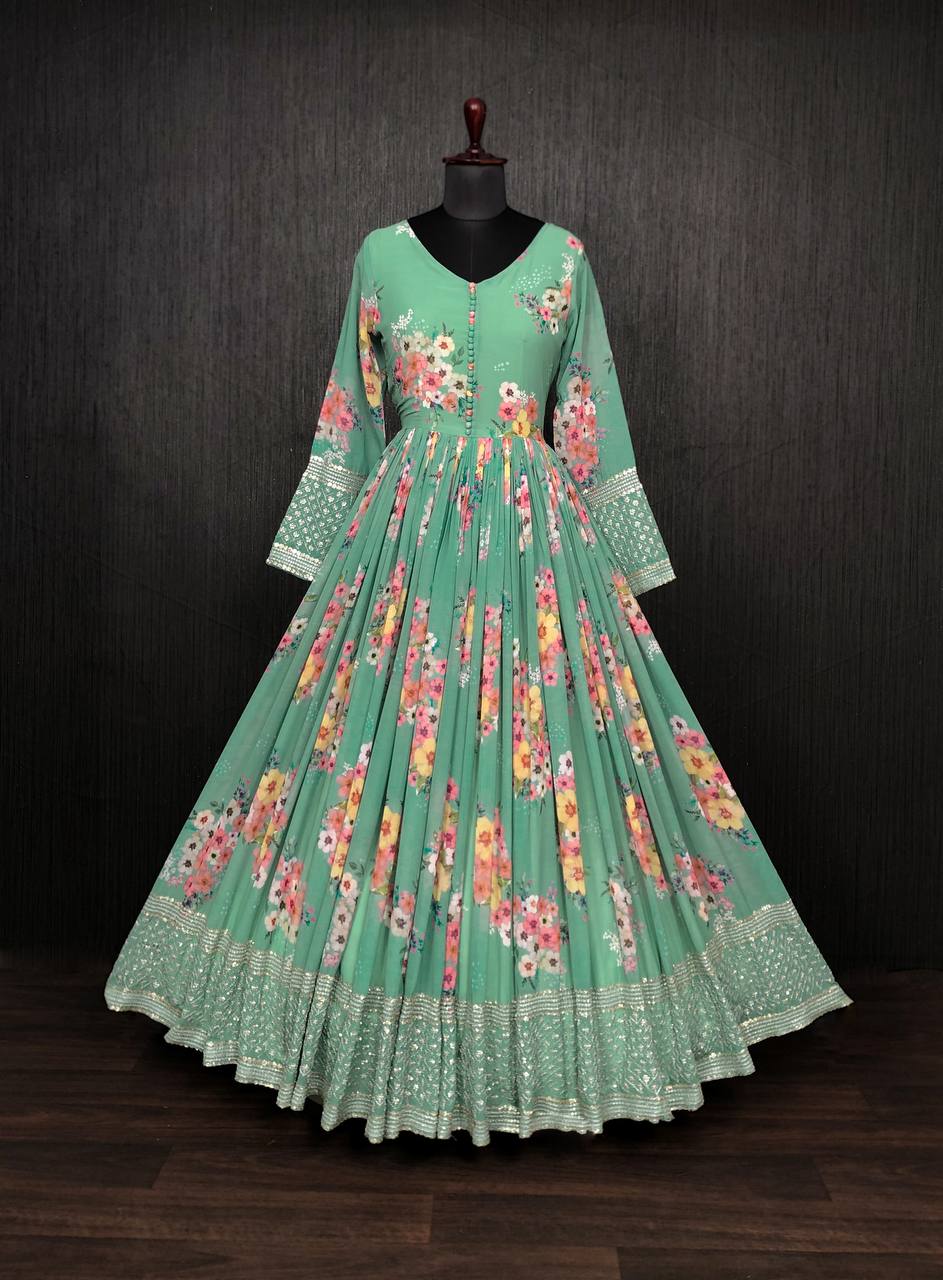 Marvelous Pista Green Color Digital Print Gown