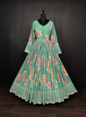 Marvelous Pista Green Color Digital Print Gown