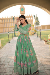 Marvelous Pista Green Color Digital Print Gown