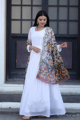 Kalamkari Print Organza Multi Color Dupatta With White Gown