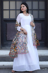 Kalamkari Print Organza Multi Color Dupatta With White Gown