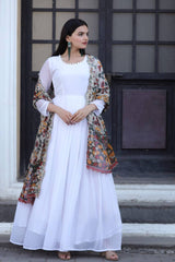 Kalamkari Print Organza Multi Color Dupatta With White Gown