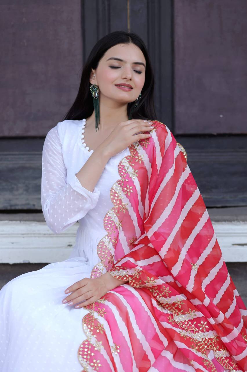 Leheriya Print Organza Pink Color Dupatta With White Gown