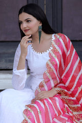 Leheriya Print Organza Pink Color Dupatta With White Gown
