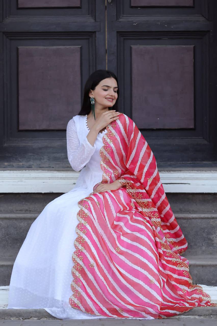 Leheriya Print Organza Pink Color Dupatta With White Gown