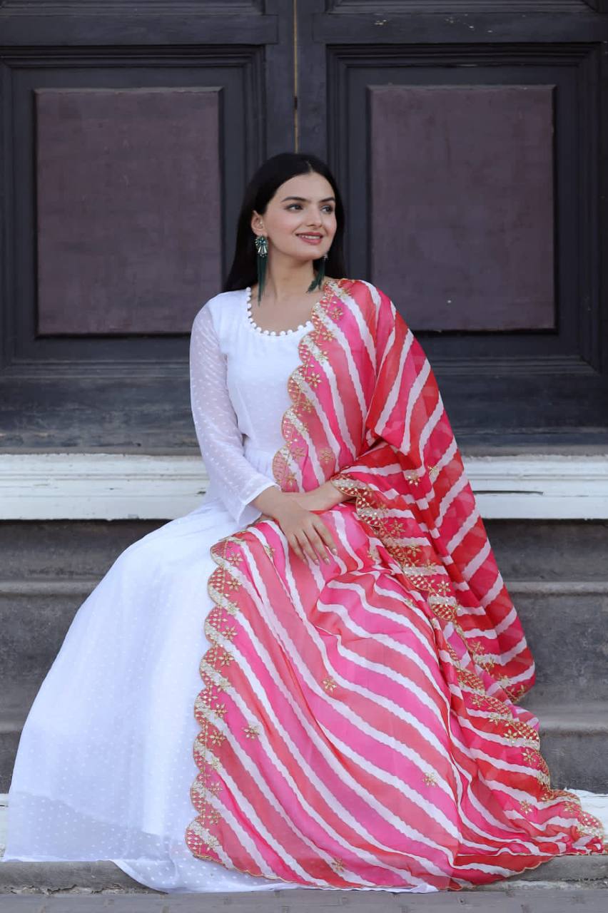 Leheriya Print Organza Pink Color Dupatta With White Gown