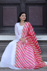 Leheriya Print Organza Pink Color Dupatta With White Gown