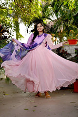 Peach Color Plain Gown With Print Dupatta