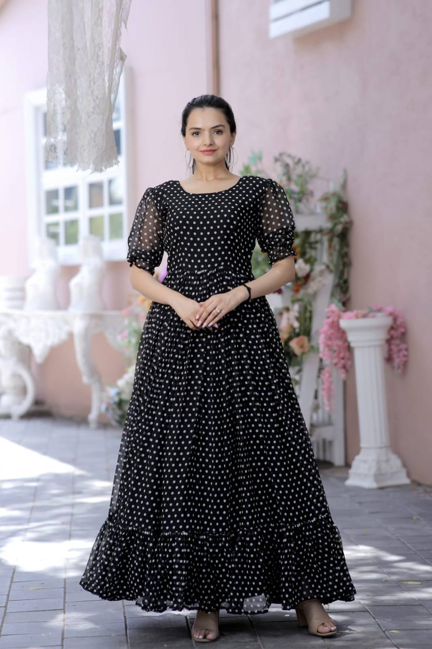 Polka Dot Print Black Color Ruffle Gown