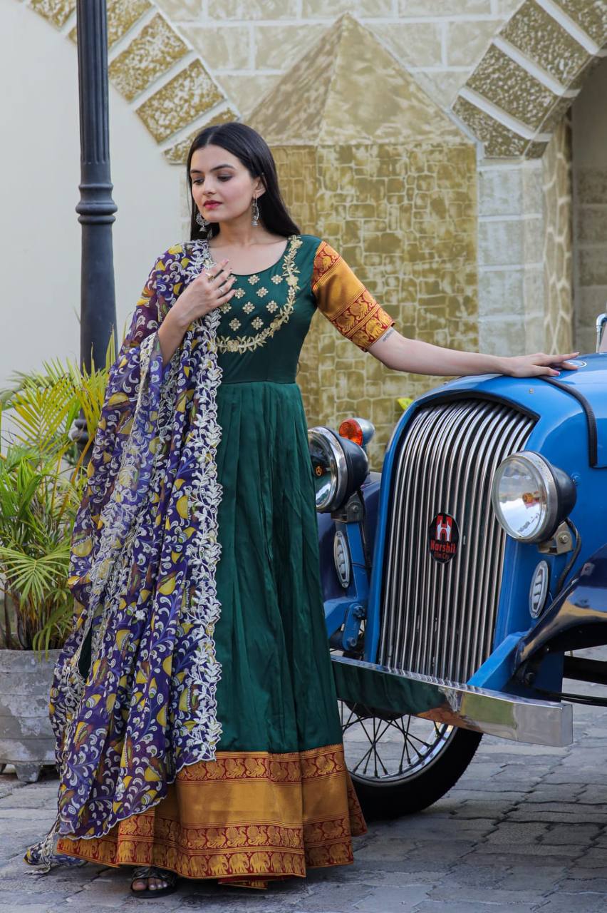 Green Color Jacquard Embroidered Gown With Dupatta