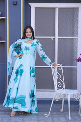 Good Looking Sky Blue Color Printed Gown