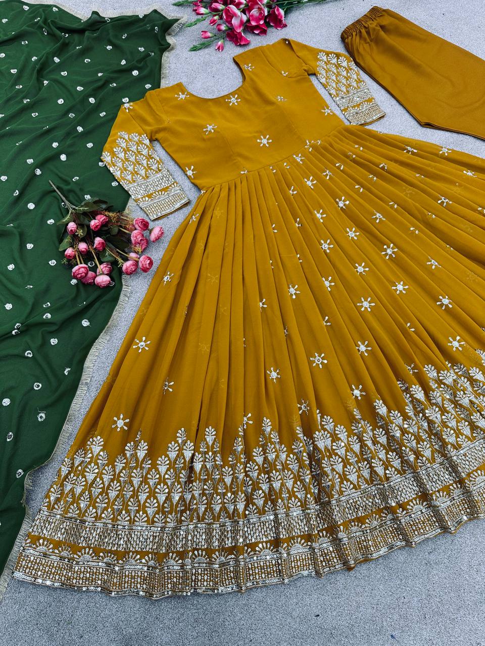 Haldi Ceremony Wear Mustered Color Anarkali Gown With Dupatta