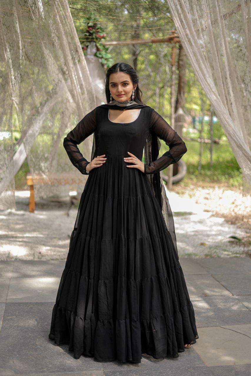 Precious Black Color Ruffle Flare Gown With Heavy Dupatta