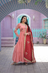 Designer Peach Color Ruffle Gown With Embroidered Dupatta