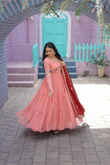 Designer Peach Color Ruffle Gown With Embroidered Dupatta
