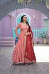 Designer Peach Color Ruffle Gown With Embroidered Dupatta