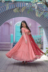 Designer Peach Color Ruffle Gown With Embroidered Dupatta