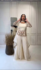 Captivating  Embroidery Sequence Work White Color Sharara Suit