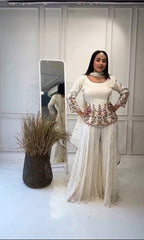 Captivating  Embroidery Sequence Work White Color Sharara Suit