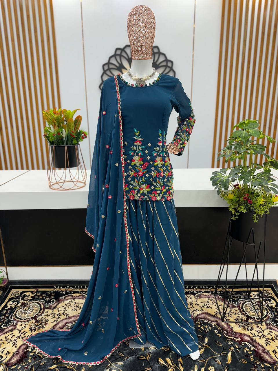 Captivating  Embroidery Sequence Work Teal Color Sharara Suit