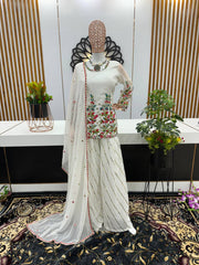Captivating  Embroidery Sequence Work White Color Sharara Suit