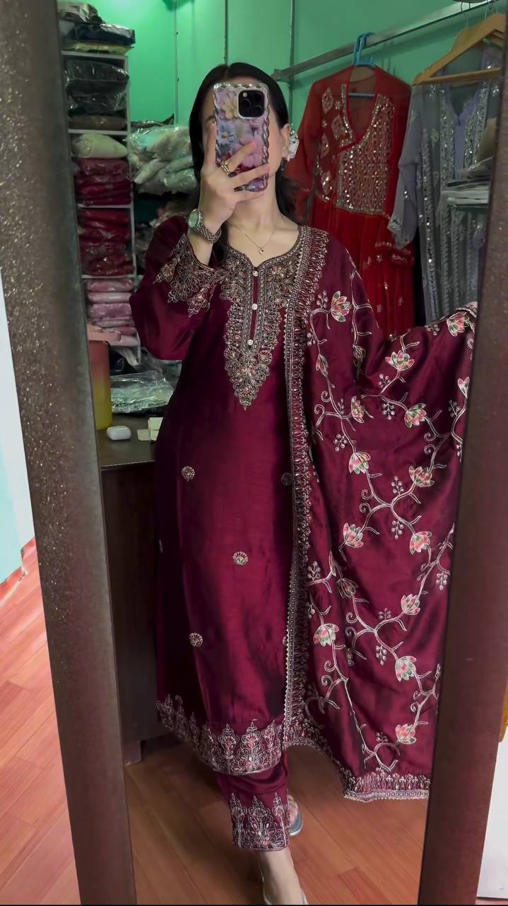 Elegant Heavy Chinon Silk Fabric with  Embroidery Sequence Work Maroon Colors Sharara Suit