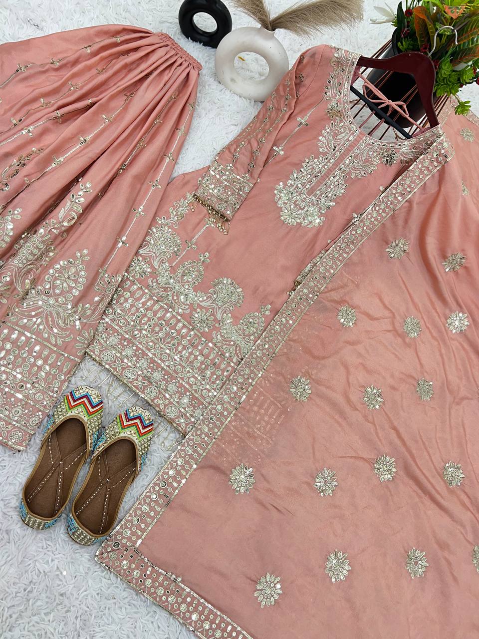 Blissful Heavy Embroidery Sequence Work And Full Sleeve Peach Color Plazo Suit