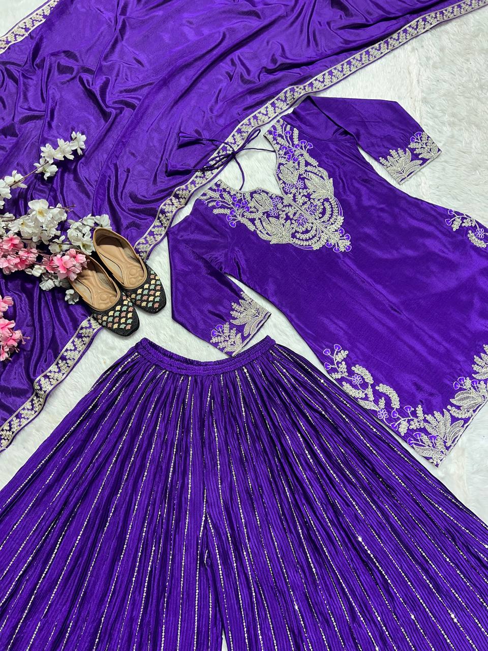 Designer Chinnon Silk Sequence Work Purple Color Sharara Suit