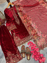 Festive Wear Velvet Red Color Sequence Work Suit