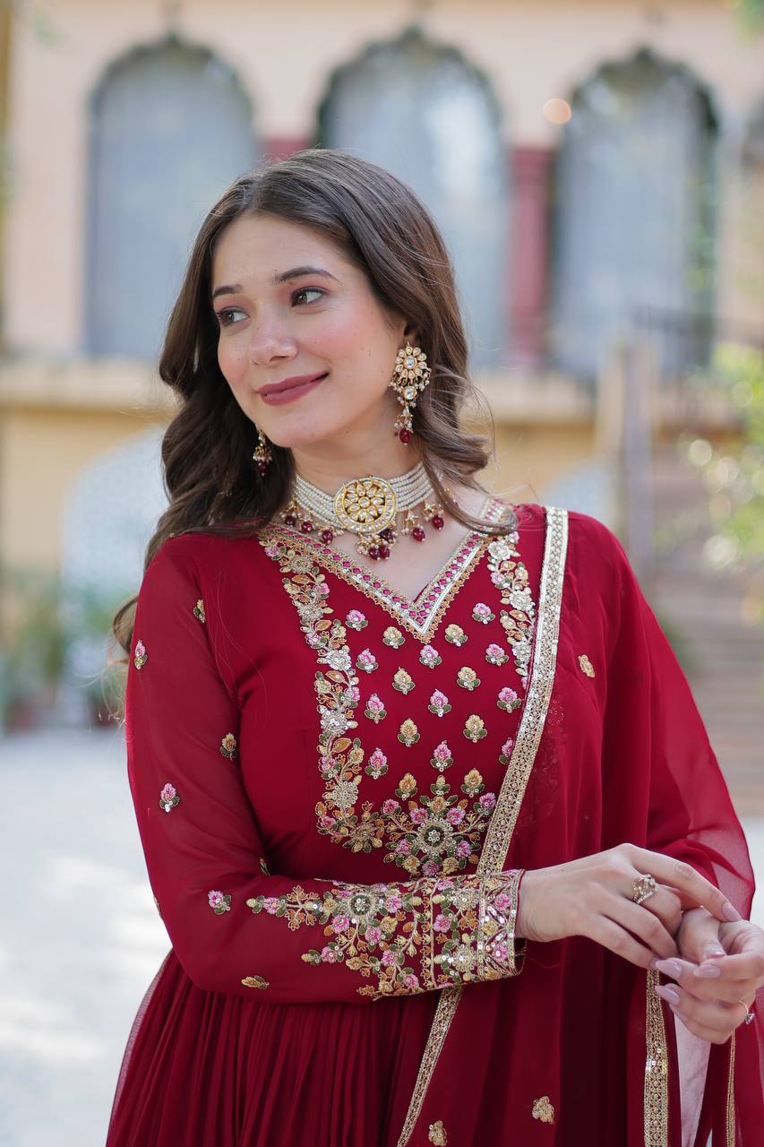 Buy Faux Blooming Georgette Maroon color Embroidered work Gown