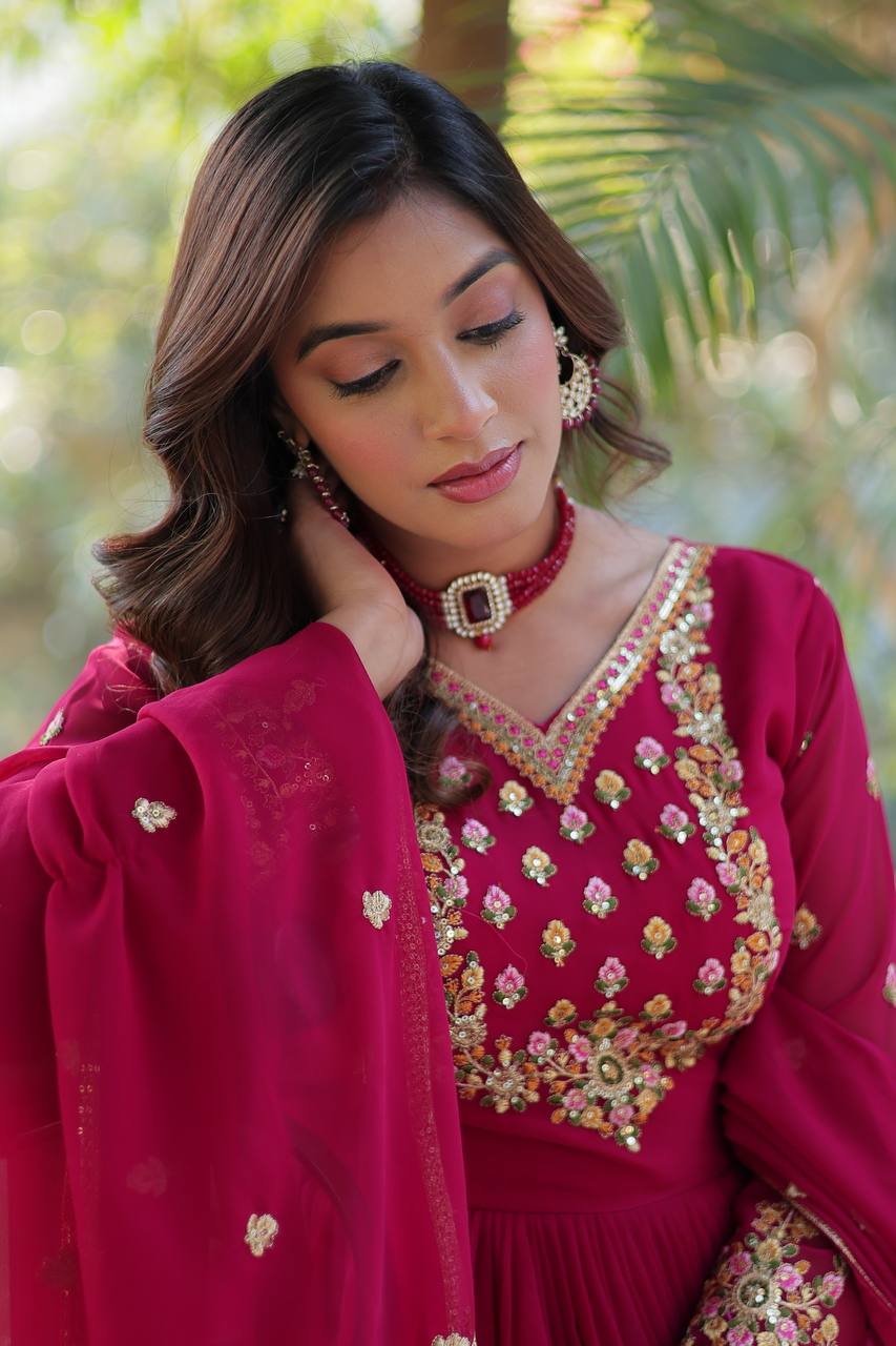 Buy Faux Blooming Georgette Pink color Embroidered work Gown