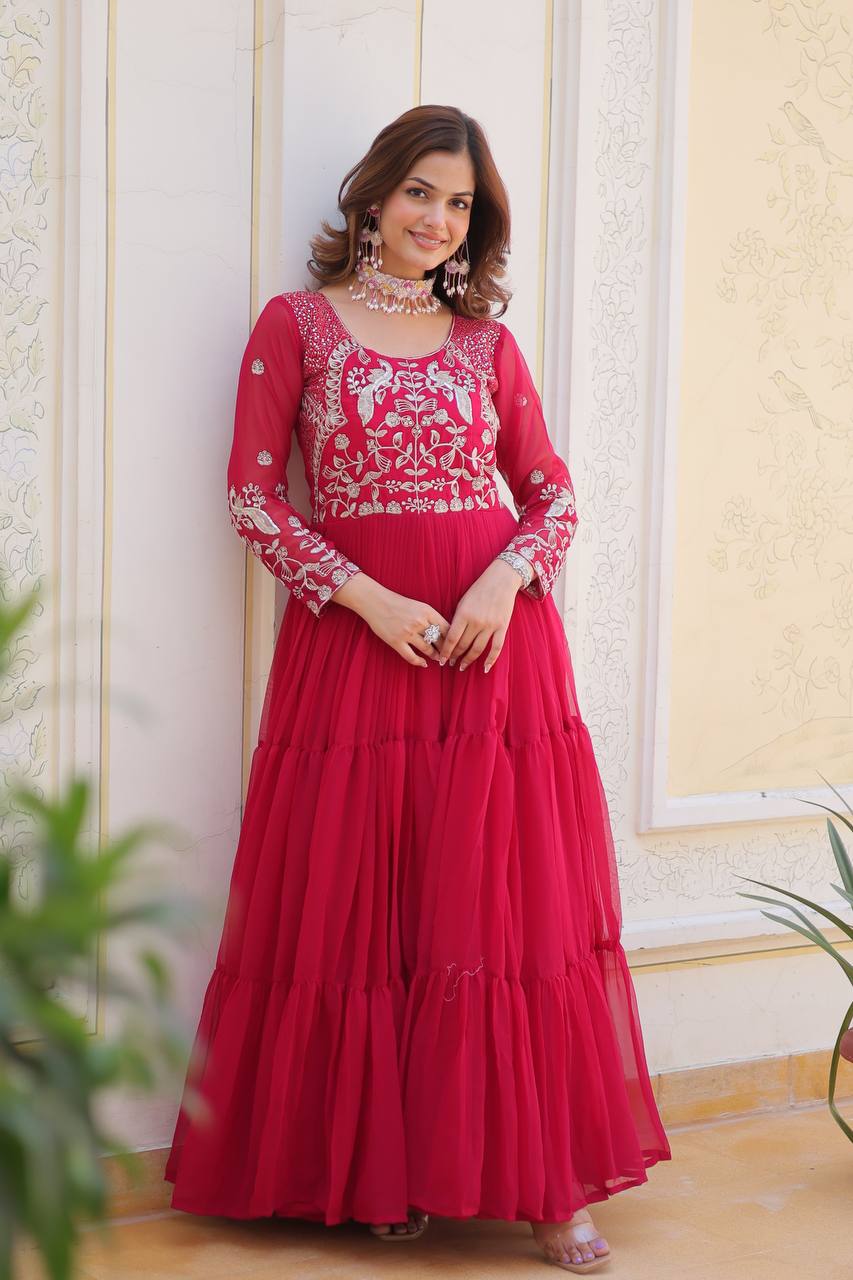 Luxurious New Festival Fox Georgette Red Color Long Gown
