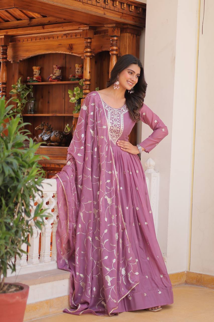 Buy New Star Georgette Dusty Pink color Long Gown & Duppatta