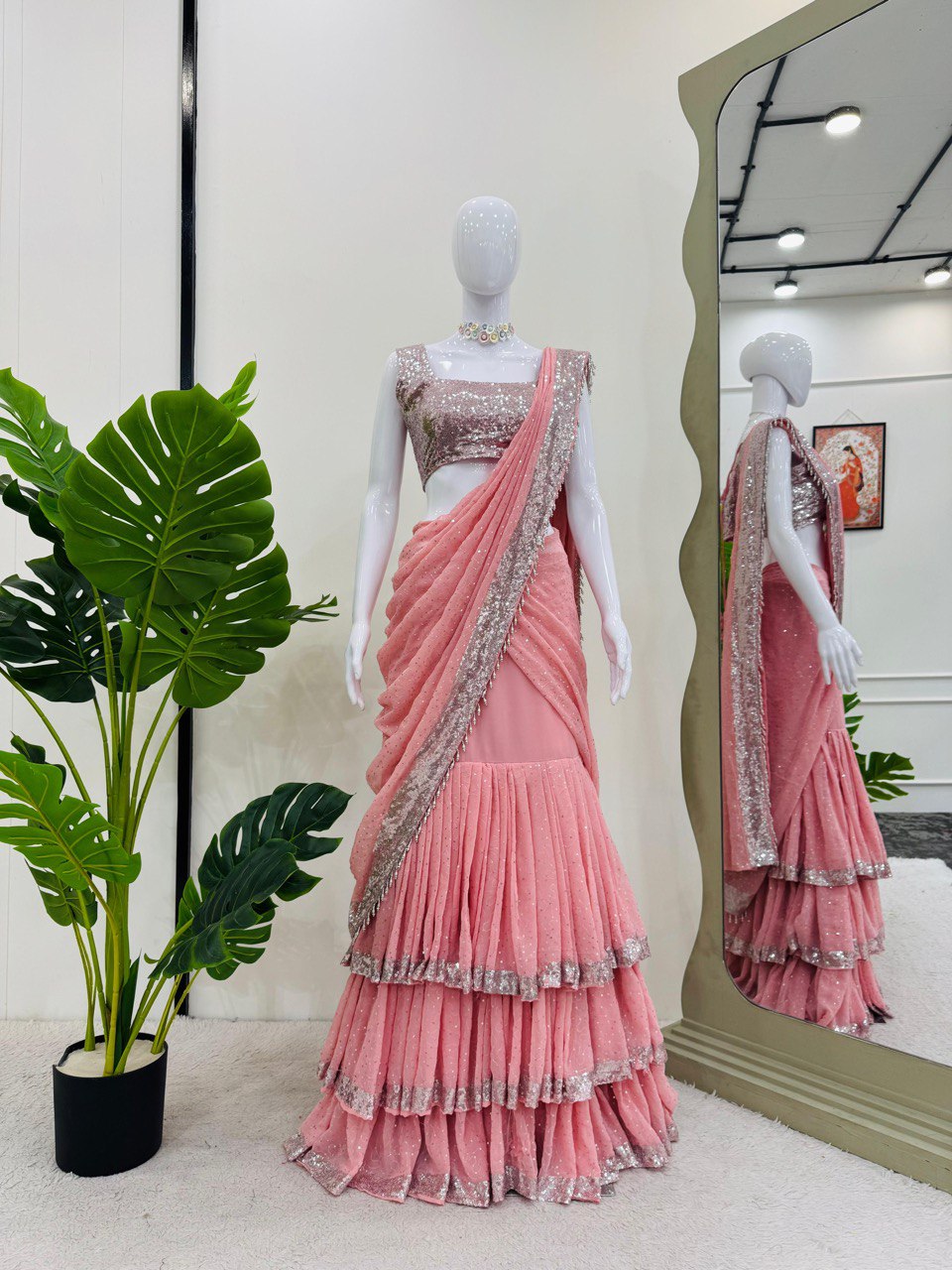 Presenting Foux Gorgette Sequence Work Peach Color Reday to wear Lehengha  saree
