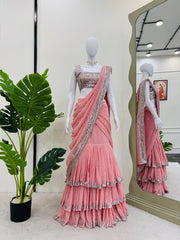 Presenting Foux Gorgette Sequence Work Peach Color Reday to wear Lehengha  saree