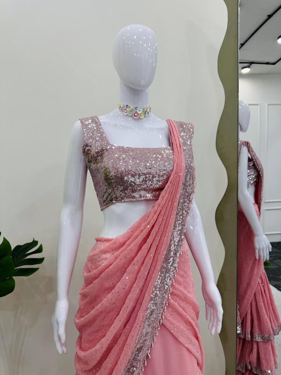 Presenting Foux Gorgette Sequence Work Peach Color Reday to wear Lehengha  saree
