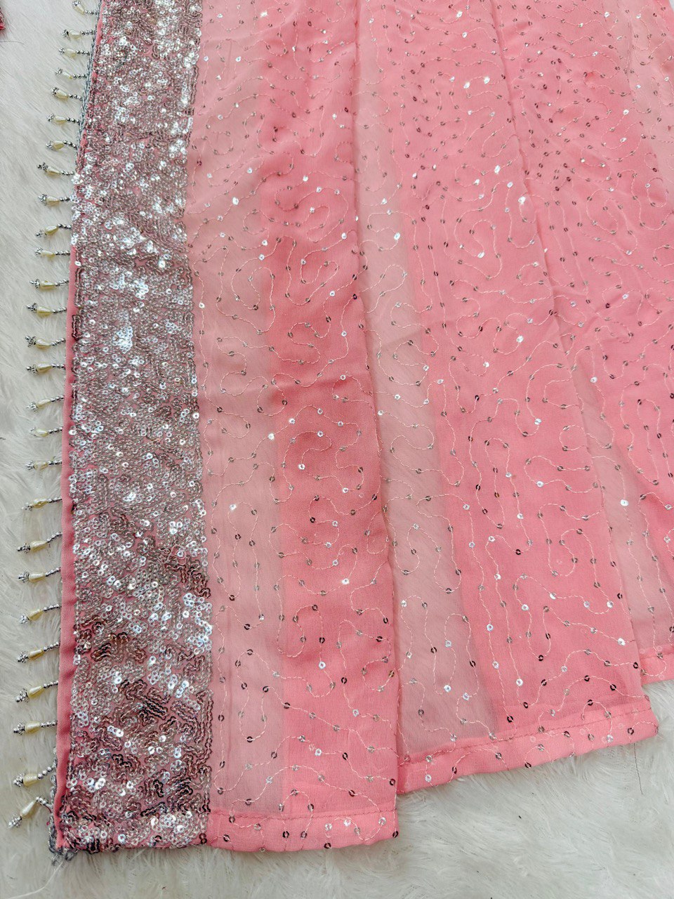 Presenting Foux Gorgette Sequence Work Peach Color Reday to wear Lehengha  saree