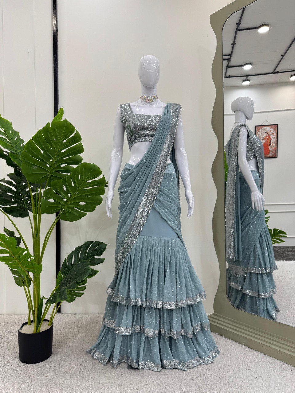 Presenting Foux Gorgette Sequence Work  Light blue Color Reday to wear Lehengha  saree