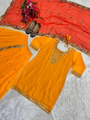 Punjabi Style Orange Color Georgette Sequence Work Lehenga With Top With Orange Dupatta