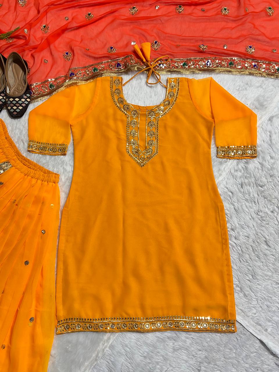 Punjabi Style Orange Color Georgette Sequence Work Lehenga With Top With Orange Dupatta