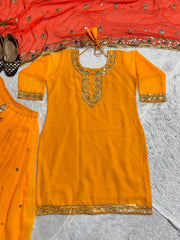 Punjabi Style Orange Color Georgette Sequence Work Lehenga With Top With Orange Dupatta