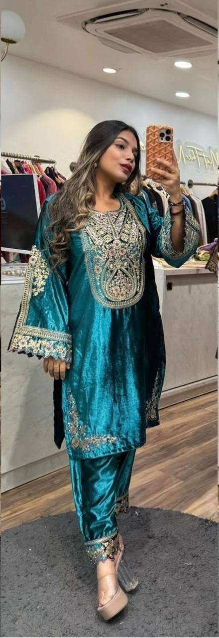 Adorable Blue Color Embroidery Coding sequence Work Velvet Salwar Suit