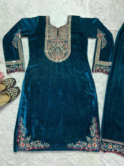 Adorable Blue Color Embroidery Coding sequence Work Velvet Salwar Suit