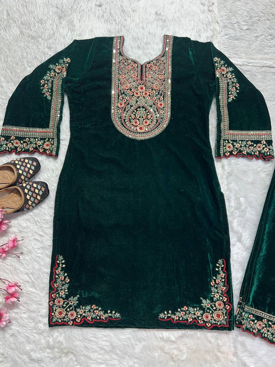 Adorable Green Color Embroidery Coding sequence Work Velvet Salwar Suit