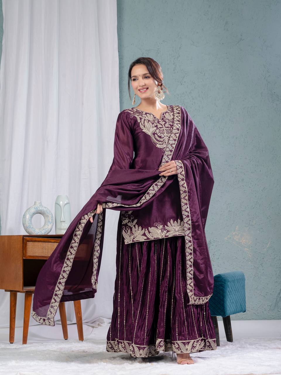 Designer Chinnon Silk Sequence Work Wine Color Sharara Suit