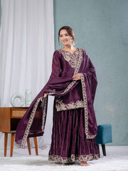 Designer Chinnon Silk Sequence Work Wine Color Sharara Suit