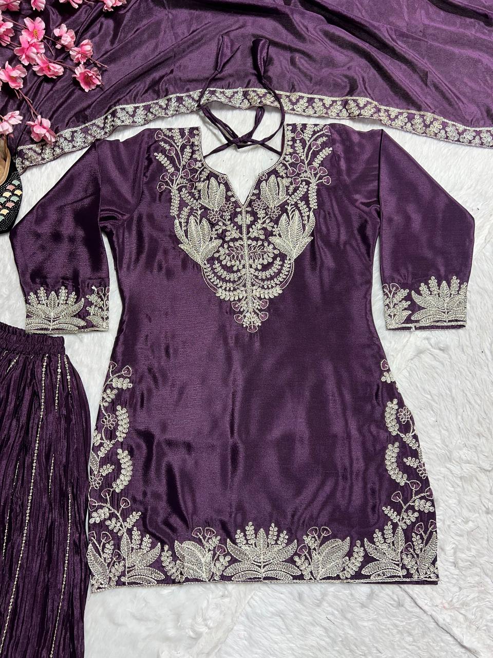 Designer Chinnon Silk Sequence Work Wine Color Sharara Suit