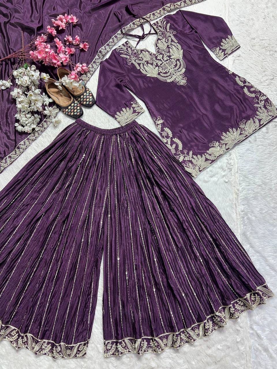 Designer Chinnon Silk Sequence Work Wine Color Sharara Suit